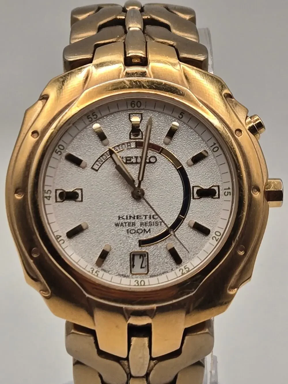 Seiko Kinetic 100M Men’s Gold Tone Watch 5M62 Date New Capacitor Pre-Owned Dress